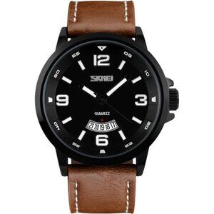 Mens Fashion Dress Analog Quartz Watch with Brown Leather Band Unique Big Face